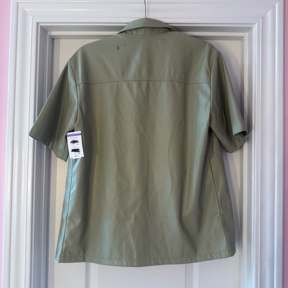 Topshop Sage Green Leather Jacket Short Sleeve Button Up Collar - Picture 2 of 8
